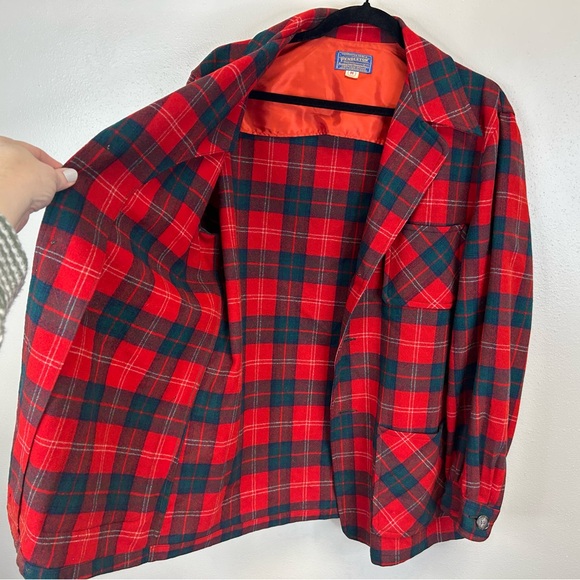 Vintage 60s 70s Pendleton Red and Green Plaid Virgin Wool Jacket Pockets Mens M - Picture 13 of 14
